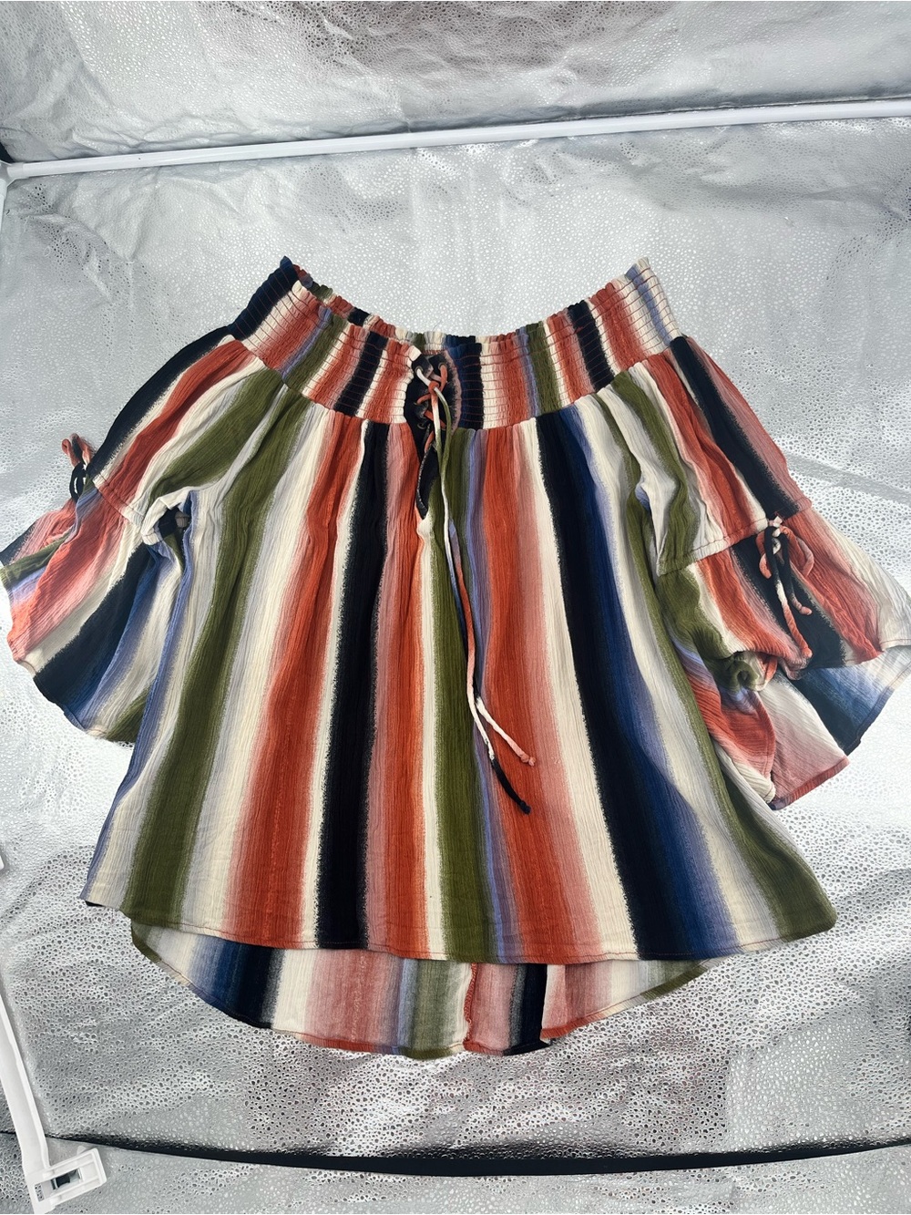 Women's Off-Shoulder Multi-Color Striped Boho Bow flared sleeves Blouse Size2X